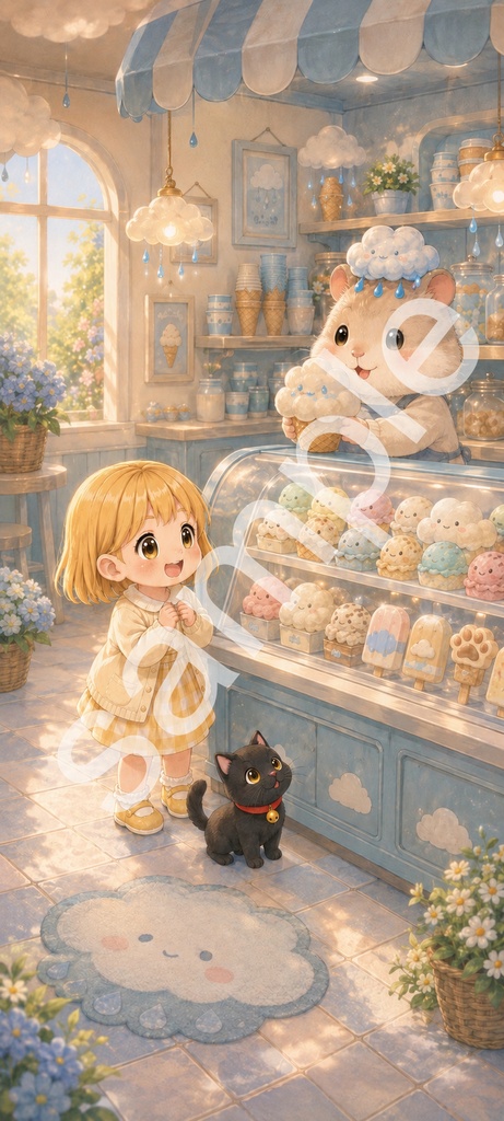 【無料配布】マチカとクロ|雨雲ハムスターのアイスクリーム店 スマホ壁紙