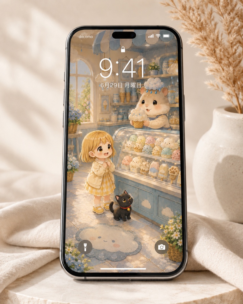 【無料配布】マチカとクロ|雨雲ハムスターのアイスクリーム店 スマホ壁紙
