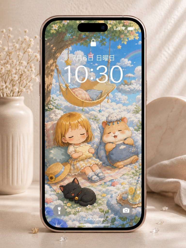 【無料配布】マチカとクロ|雨雲ハムスターと雲の国でお昼寝 スマホ壁紙