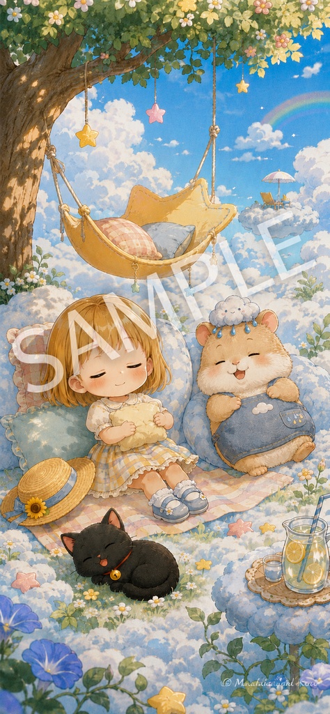 【無料配布】マチカとクロ|雨雲ハムスターと雲の国でお昼寝 スマホ壁紙