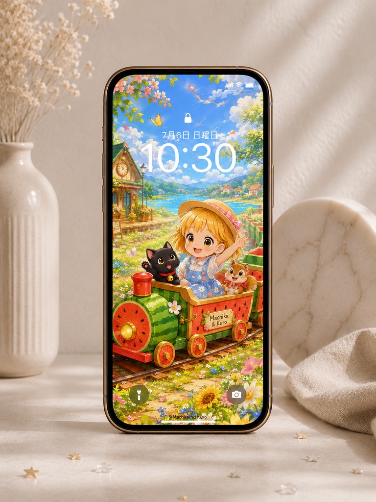 【無料配布】マチカとクロ｜スイカ列車の夏旅 スマホ壁紙