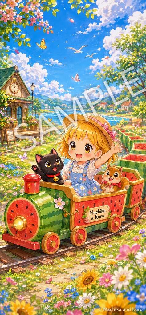 【無料配布】マチカとクロ|スイカ列車の夏旅 スマホ壁紙