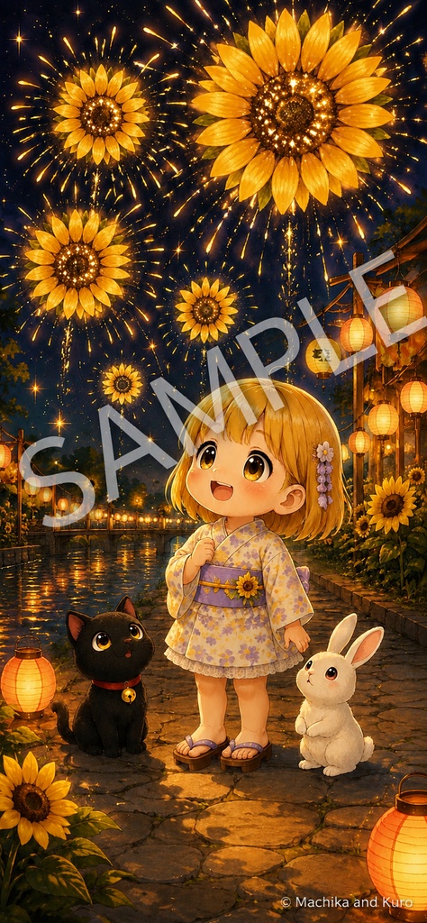 【無料配布】マチカとクロ|ひまわり花火の夏祭り スマホ壁紙