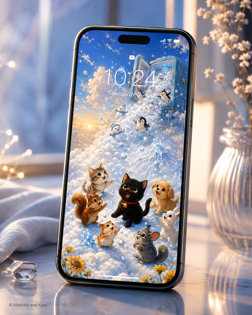 【無料配布】マチカとクロ｜空の冷蔵庫から雪が降ってきた！ スマホ壁紙