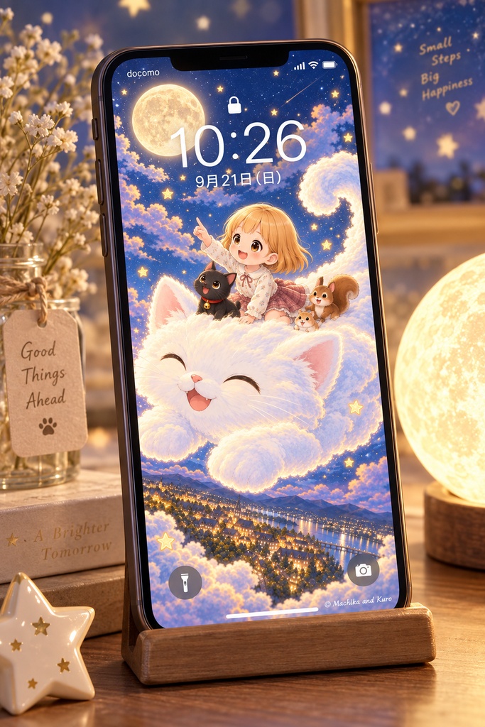 【無料配布】マチカとクロ｜月夜を駆ける雲ねこたち スマホ壁紙