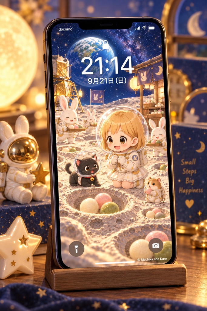 【無料配布】マチカとクロ｜月のおだんご祭りと小さな仲間たち スマホ壁紙