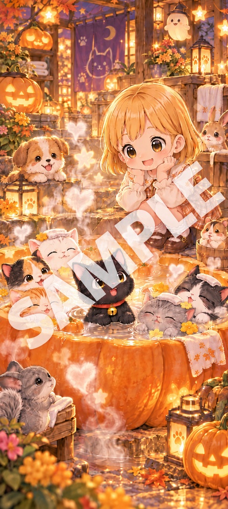 【無料配布】マチカとクロ|かぼちゃの猫温泉とハロウィンの仲間たち スマホ壁紙