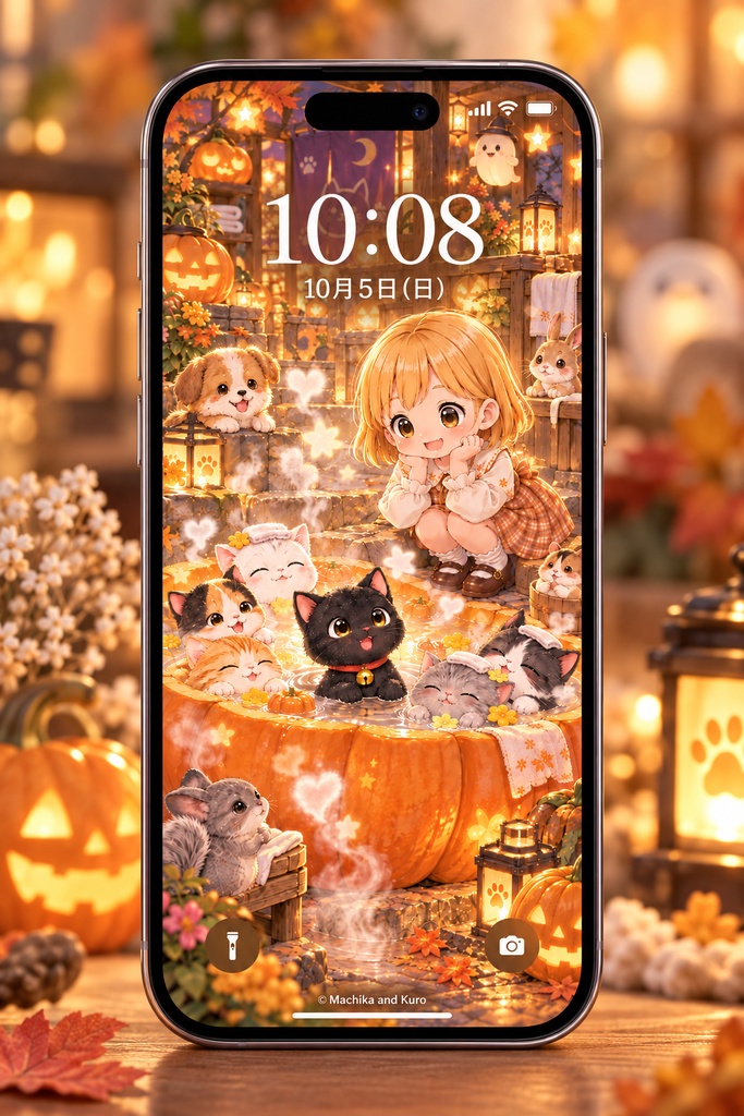 【無料配布】マチカとクロ|かぼちゃの猫温泉とハロウィンの仲間たち スマホ壁紙