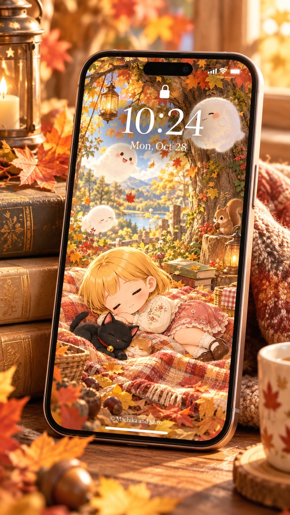 【無料配布】マチカとクロ｜秋の森のお昼寝とふわふわおばけたち スマホ壁紙