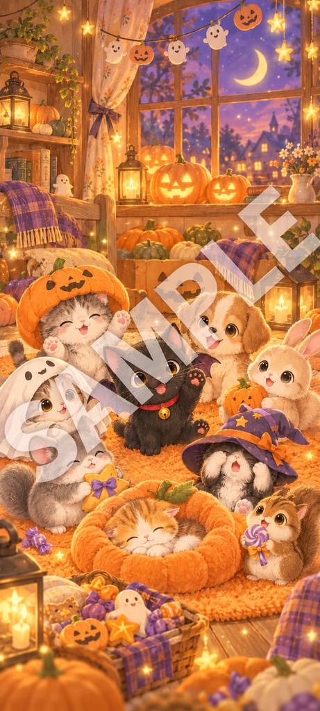 【無料配布】マチカとクロ|黒猫クロのハロウィンパーティーと小さな仲間たち スマホ壁紙