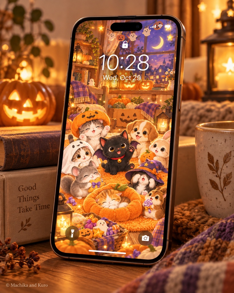 【無料配布】マチカとクロ｜黒猫クロのハロウィンパーティーと小さな仲間たち スマホ壁紙