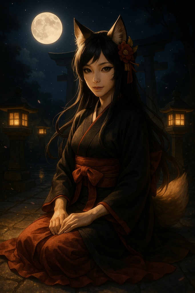 「月夜の狐巫女 ― 静寂に佇む和装の美」