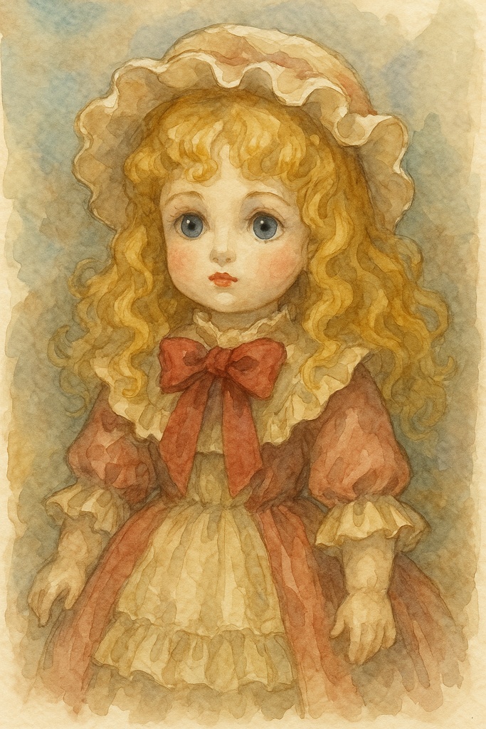 A gentle watercolor piece capturing the quiet elegance of a French doll.