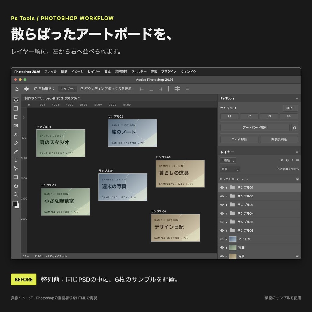 Ps Tools|画像コピー・アートボード整列・レイヤー整理【macOS向けPhotoshopプラグイン】