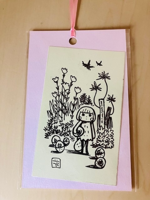 チャイチーと木の実がいっぱい（名刺サイズ原画）＋ポストカード２枚（キノコピンク。岩グリーン（セット