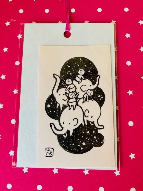 星と赤ちゃんと象４x４（名刺サイズ原画）