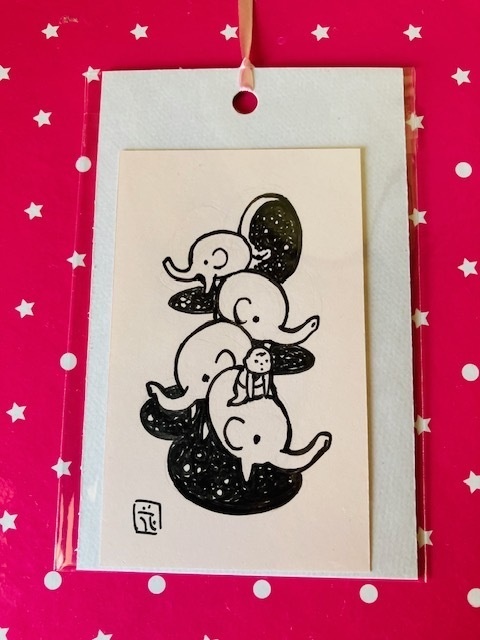 星と赤ちゃんと象。１x４（名刺サイズ原画）