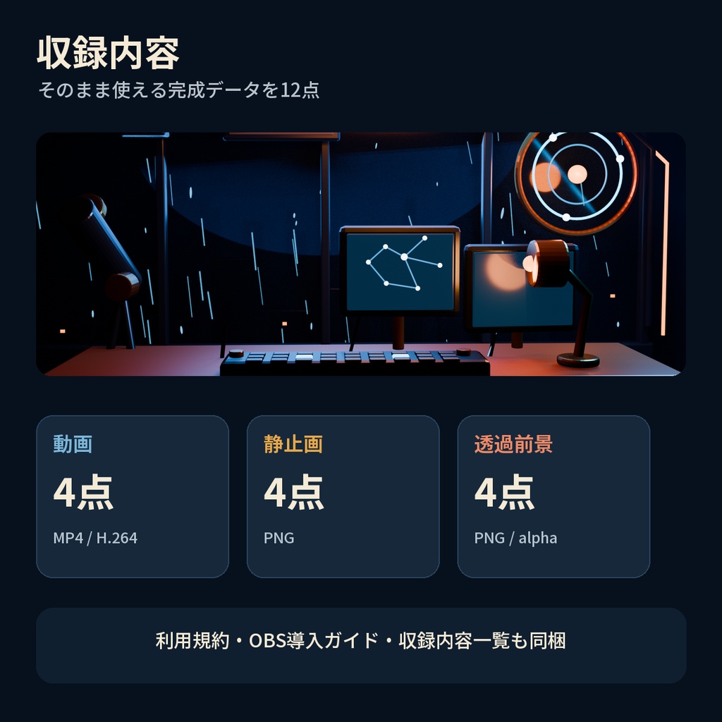 【横・縦対応/10秒ループ】雨の夜の天文研究室|動く配信背景【OBS向け・無音】