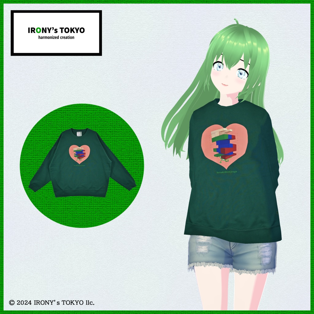 IRONY's TOKYO Sweat Shirts 【break down jenga】 Green