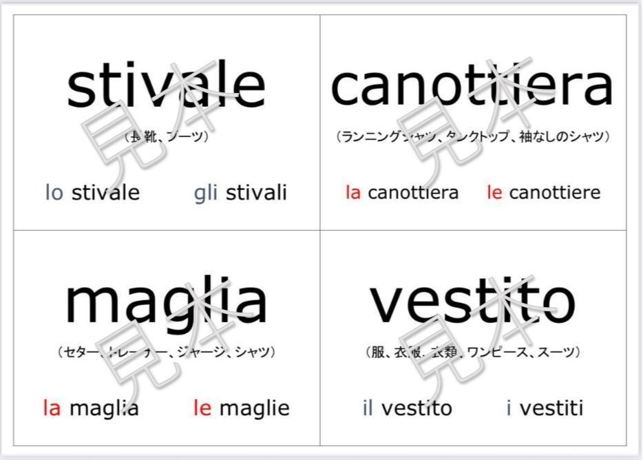 イタリア語の単語カード（衣類関係）