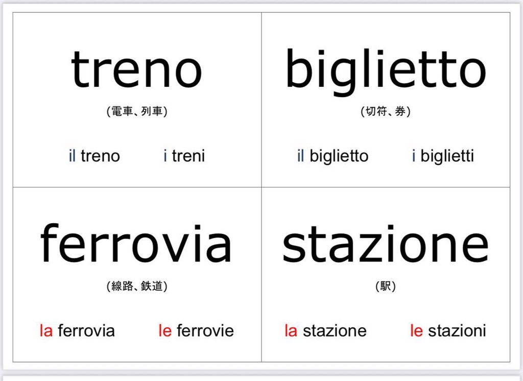 イタリア語単語カード（電車と鉄道）pdfファイル