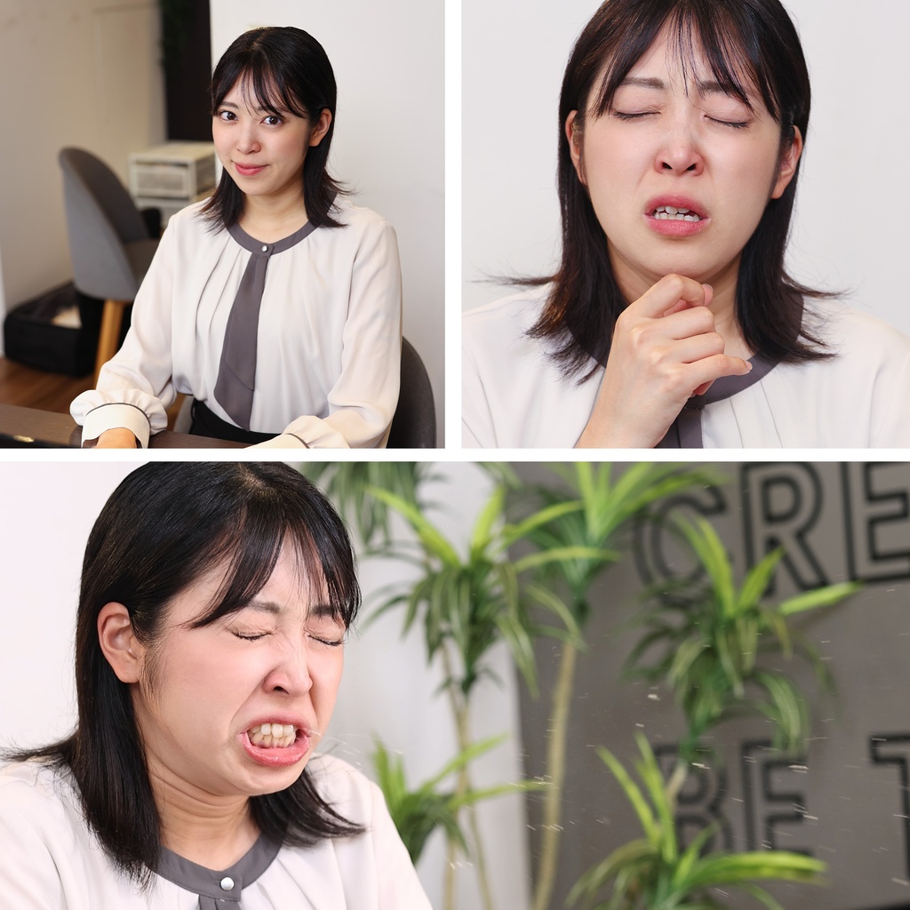 事務作業中、花粉症で激しいくしゃみが止まらないさらみさん Sarami's Intense Hay Fever Sneezes While Doing Office Tasks