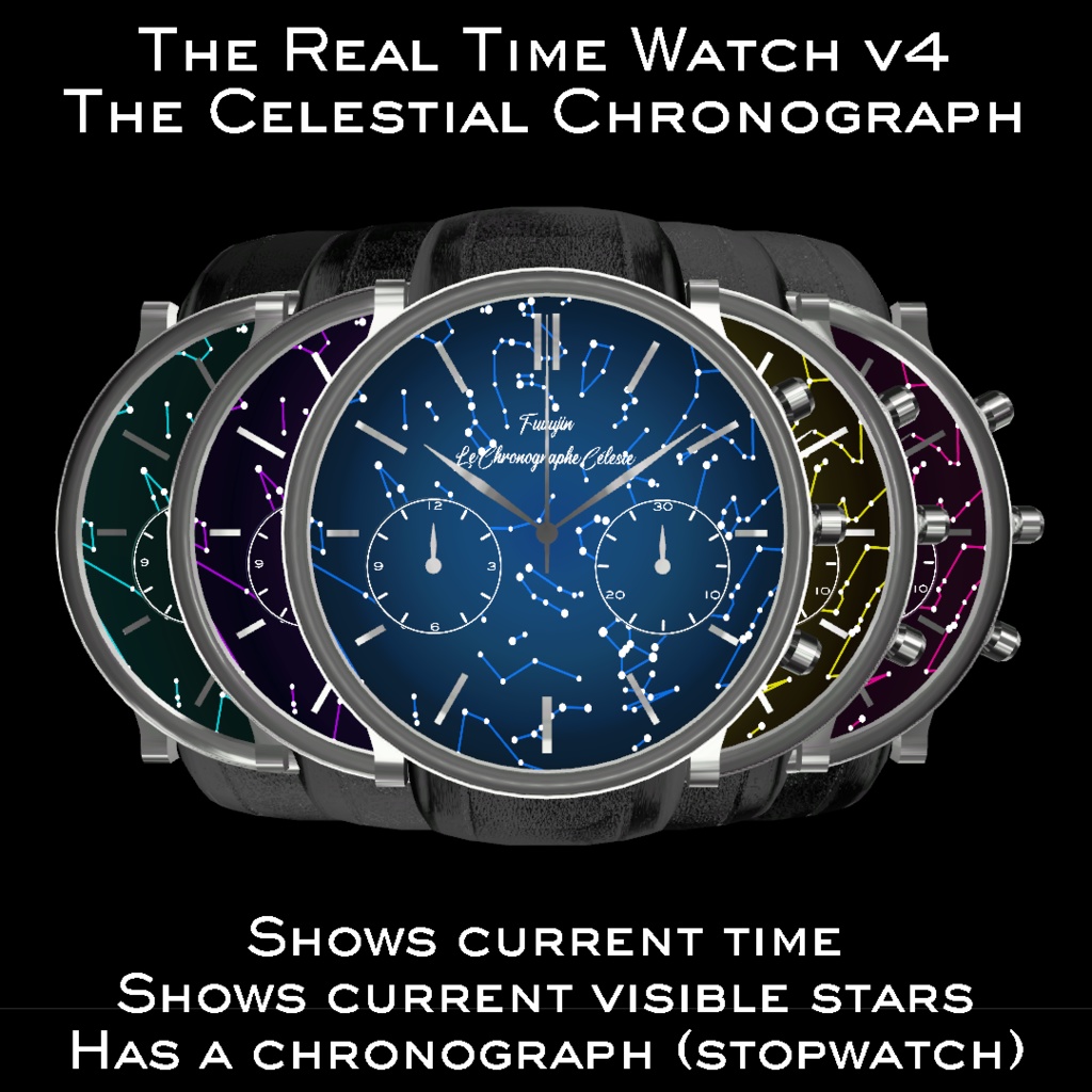 The Celestial Chronograph Realtime OSC Watch v4 system for VRChat 3.0. avatars 天体クロノグラフ リアルタイム OSC ウォッチ v4 システム, VRChat 3.0 アバター向け