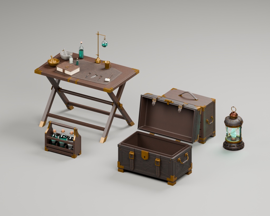 【無料版あり / 3Dモデル・FBX】旅する錬金術師の野営工房 家具セット(全5点)