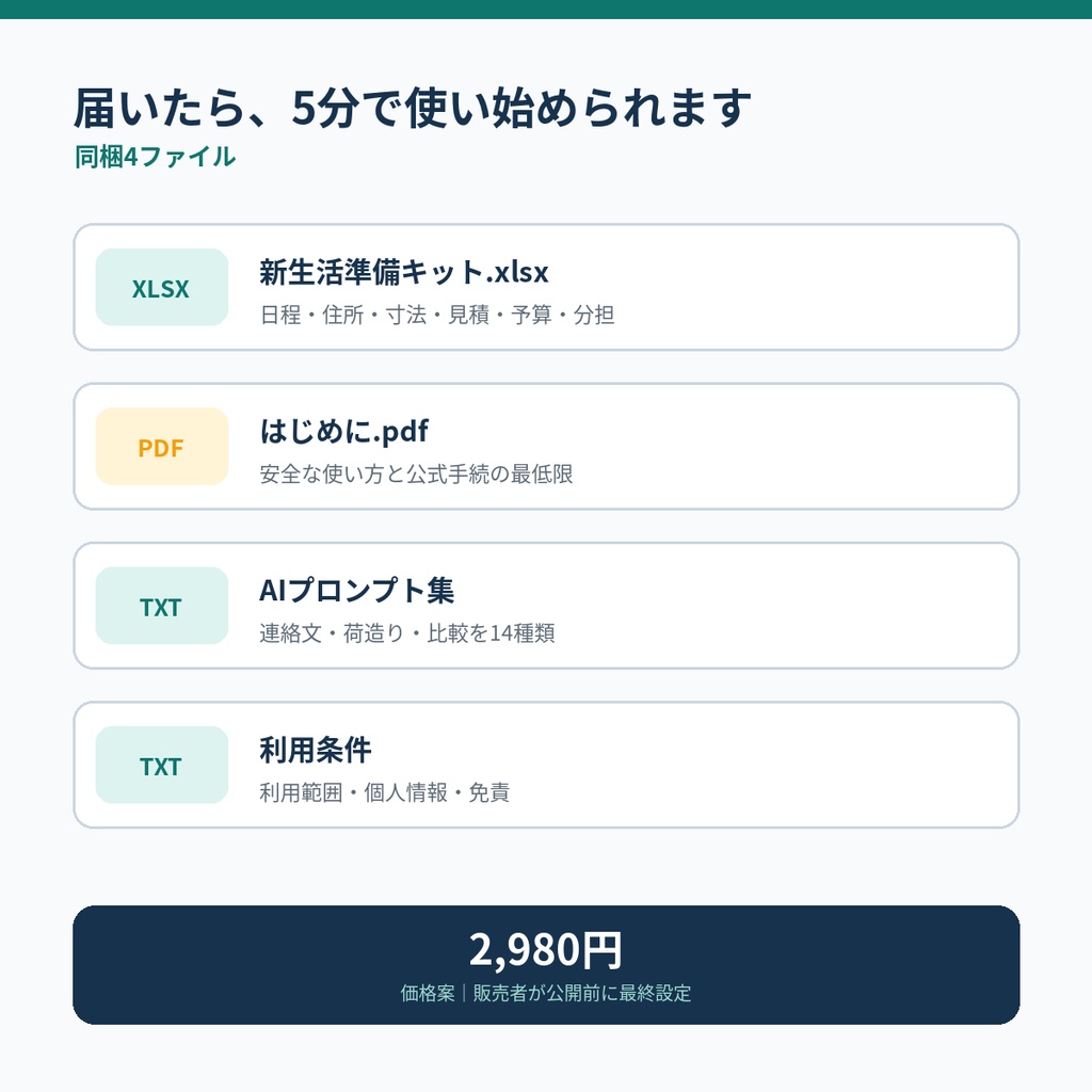 新生活準備キット|引越し60日チェックリスト・住所変更・見積・予算・搬入寸法