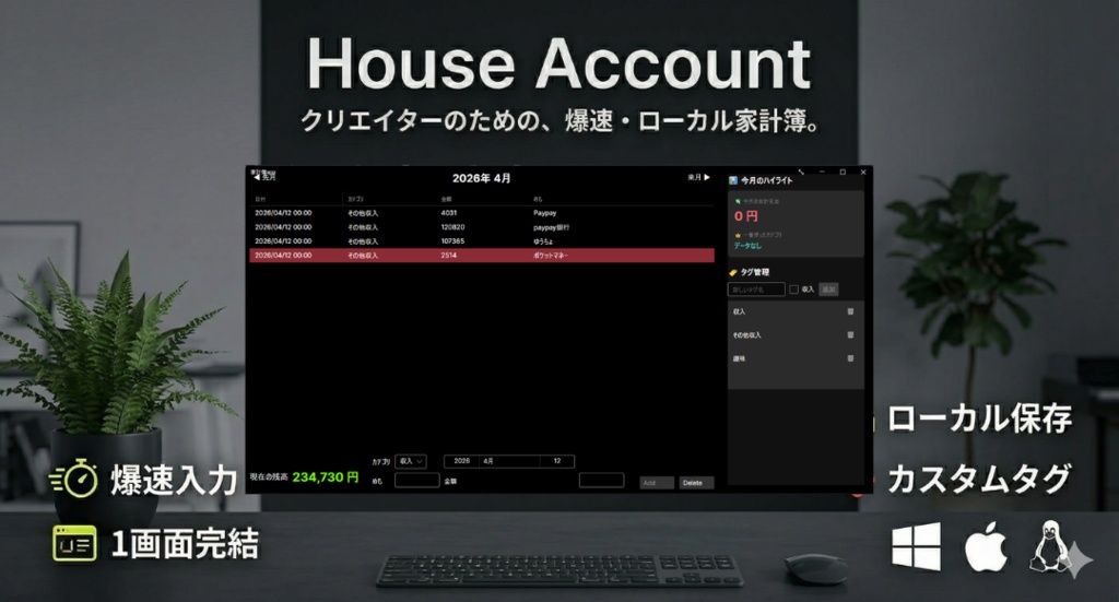 House Account｜Win/Mac/Linux対応：作業を邪魔しないデスクトップ家計簿