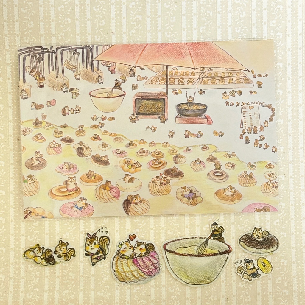 『りすのせかいのどーなつやすみ』フレークシール&ポストカードセット