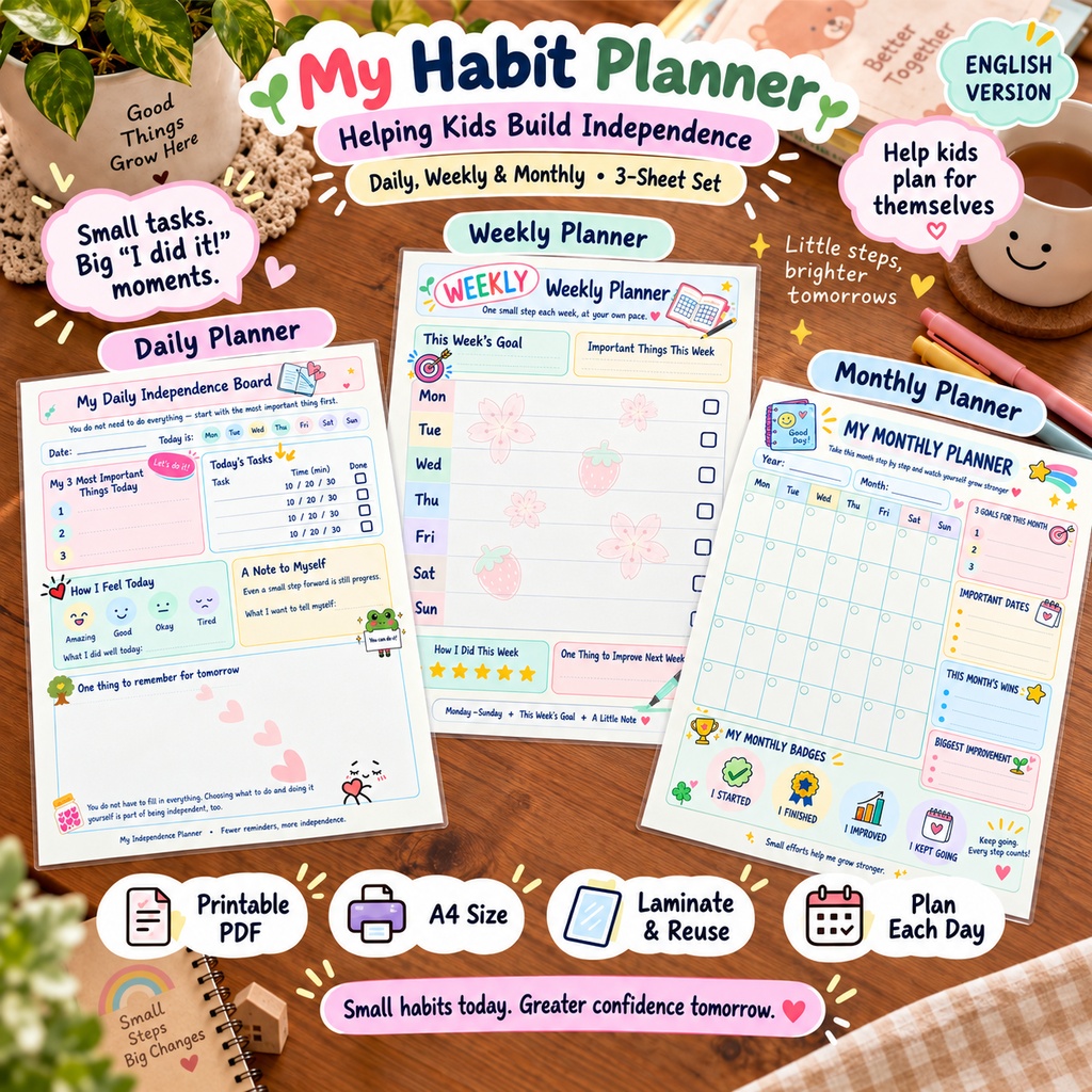 【日本語 / English】こども習慣サポートシート3点セット|Kids Planner Set|Daily・Weekly・Monthly|A4 PDF