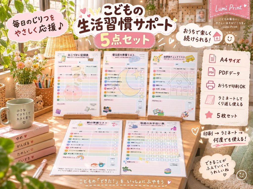 小学生向け生活習慣チェックシート 5点セット｜朝の準備・寝る前・放課後・お手伝い・おこづかい記録｜単品購入可｜A4 PDF