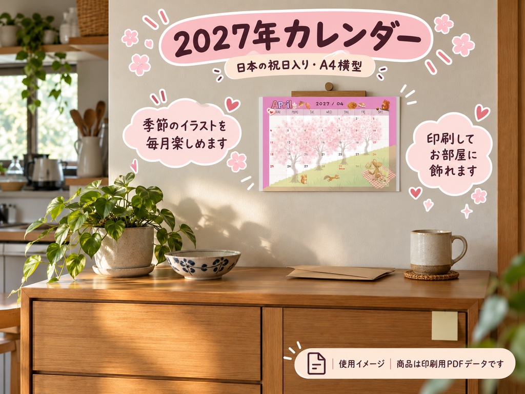 2027年版 季節のイラストカレンダー|A4横の月間カレンダー12か月分+A3横の年間カレンダー|日本の祝日入り・GW表記あり|印刷用PDF