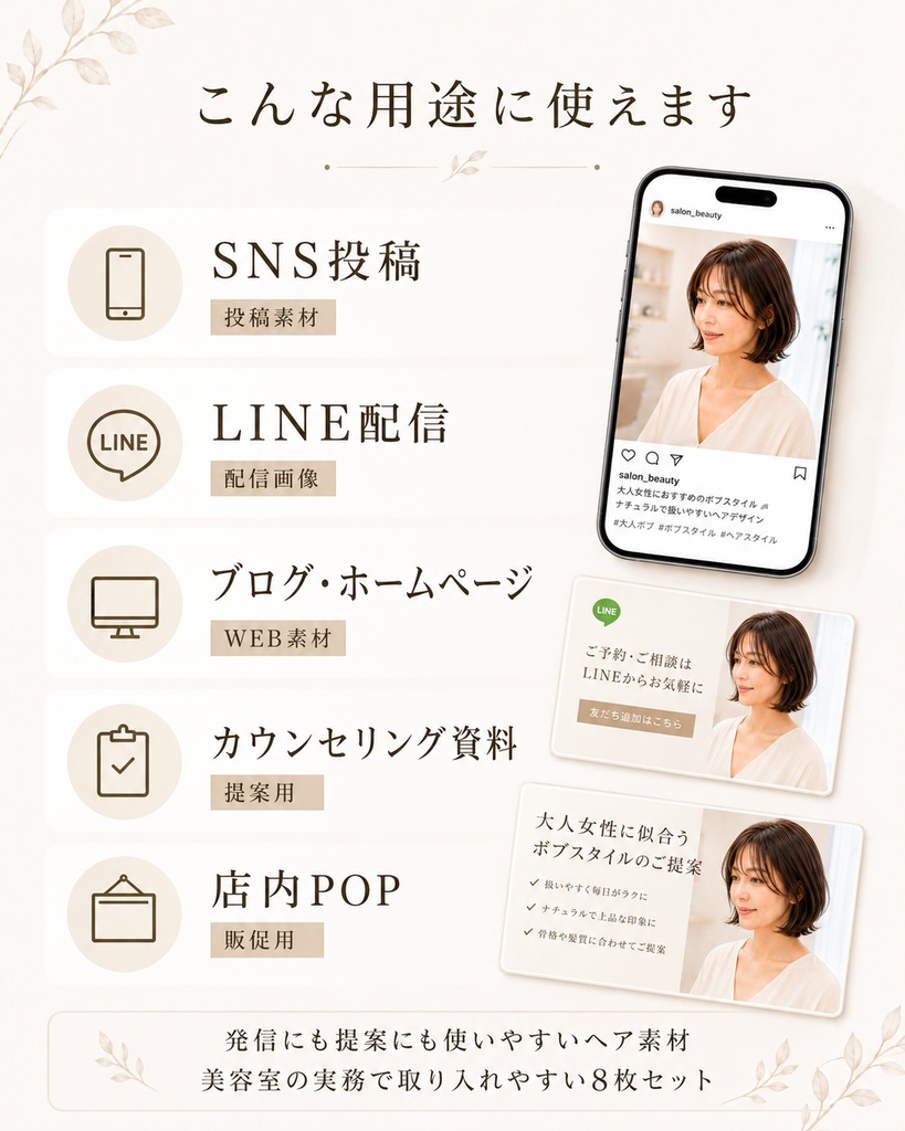 美容室向けAIヘア素材|大人女性ボブ〜ミディアム提案用8枚セット