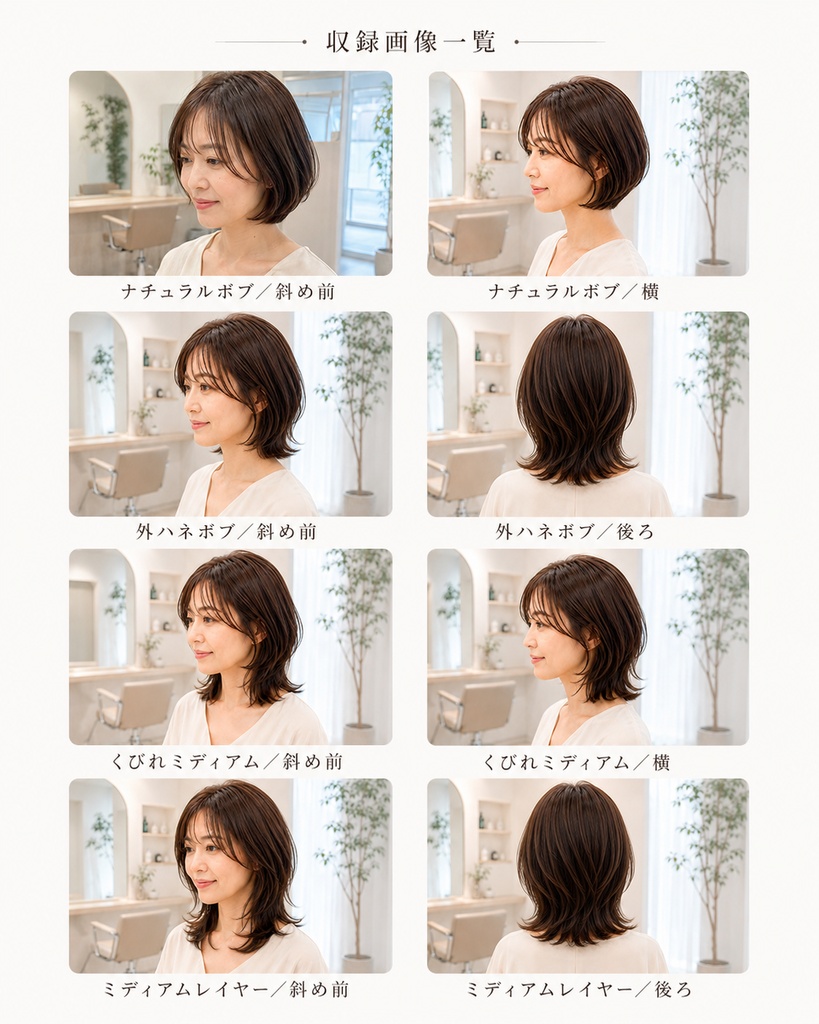 美容室向けAIヘア素材|大人女性ボブ〜ミディアム提案用8枚セット