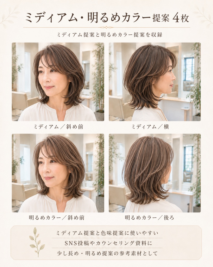 美容室向けAIヘア素材|白髪ぼかし・大人女性カラー提案用8枚セット