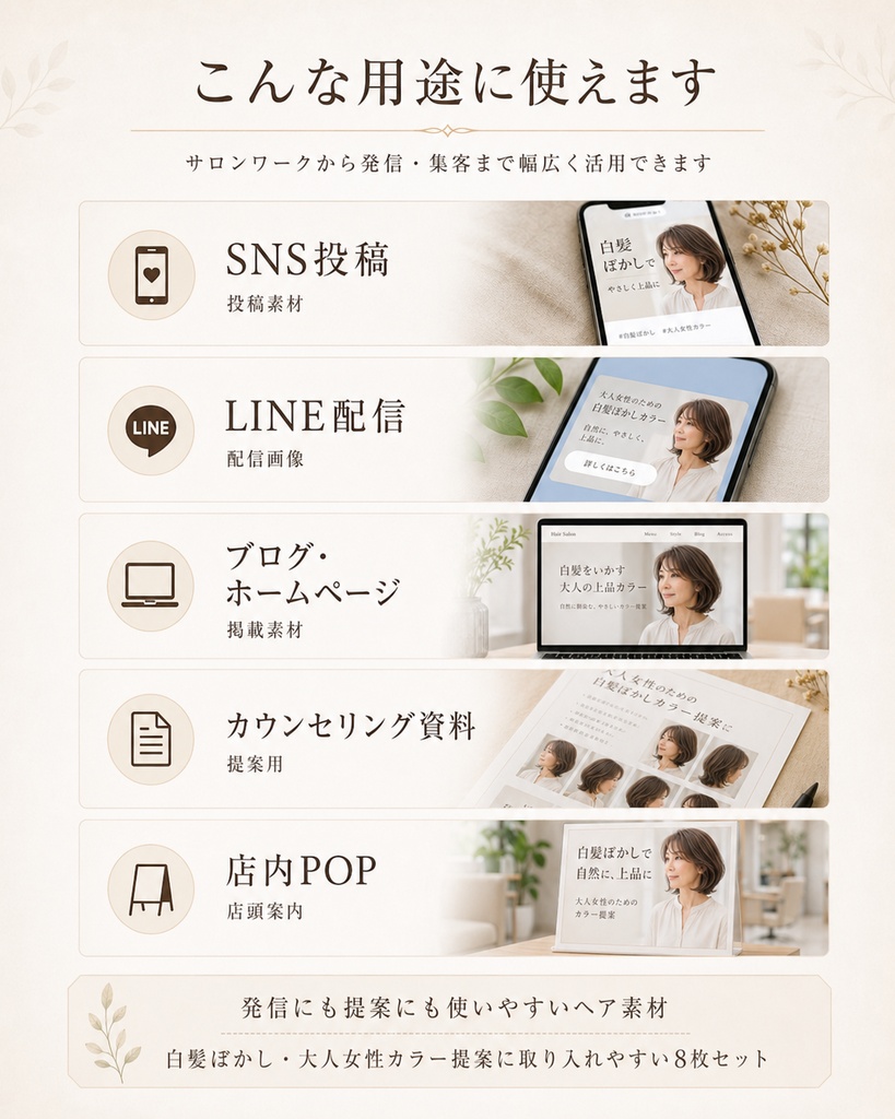 美容室向けAIヘア素材|白髪ぼかし・大人女性カラー提案用8枚セット