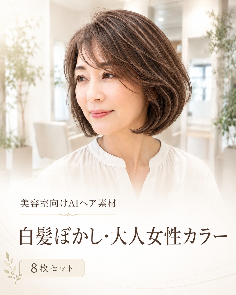 美容室向けAIヘア素材｜白髪ぼかし・大人女性カラー提案用8枚セット