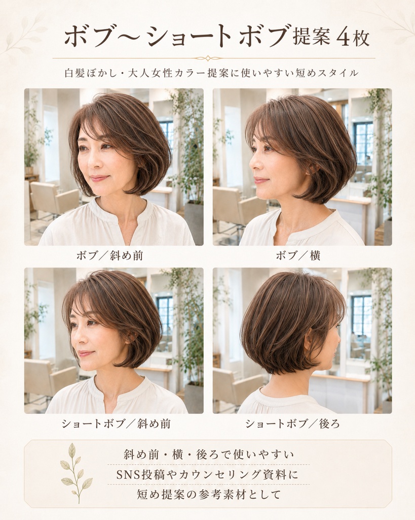 美容室向けAIヘア素材|白髪ぼかし・大人女性カラー提案用8枚セット