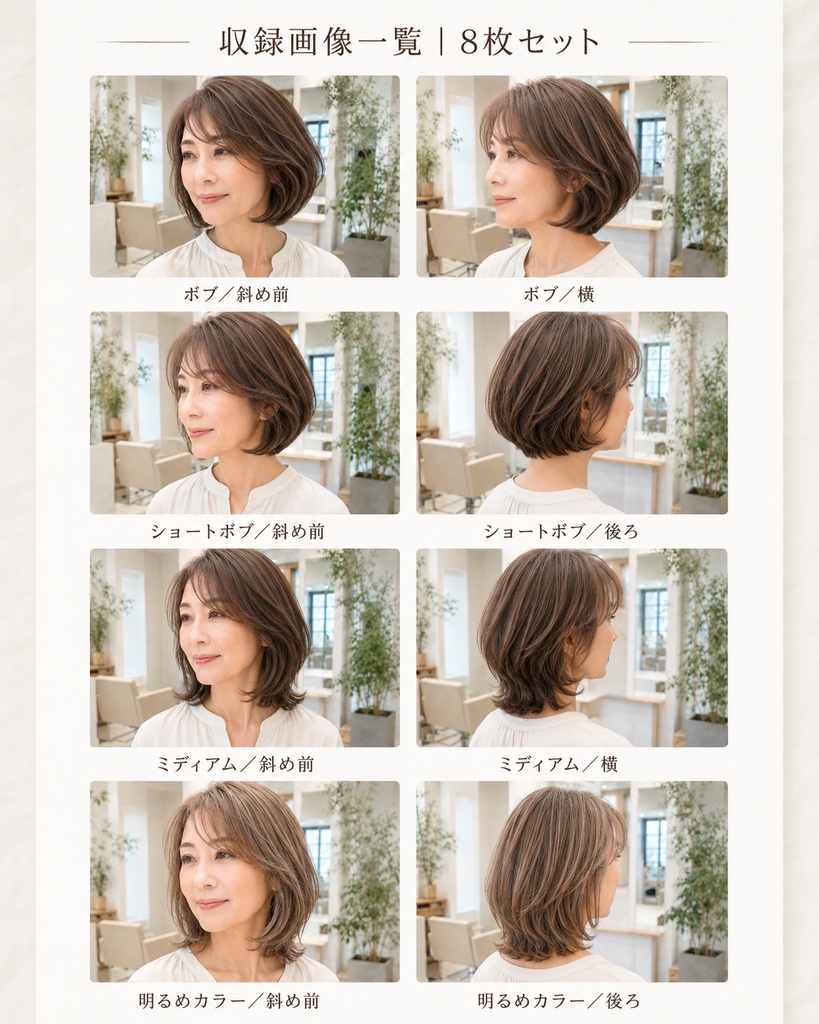 美容室向けAIヘア素材|白髪ぼかし・大人女性カラー提案用8枚セット