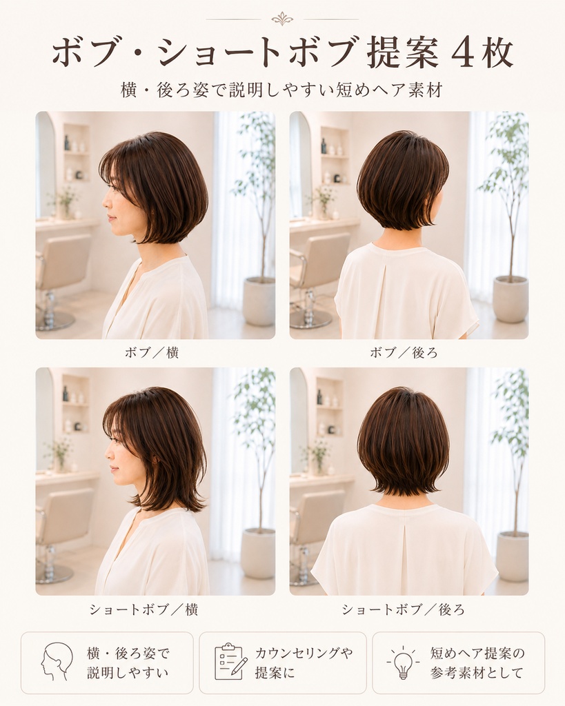 横・後ろ姿で伝える 大人女性ヘア提案素材 8枚セット|ボブ・ショートボブ・ミディアム