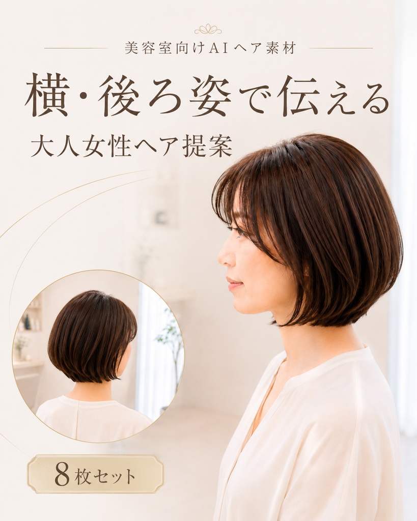 横・後ろ姿で伝える 大人女性ヘア提案素材 8枚セット｜ボブ・ショートボブ・ミディアム