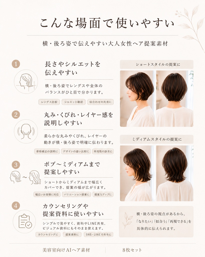 横・後ろ姿で伝える 大人女性ヘア提案素材 8枚セット|ボブ・ショートボブ・ミディアム
