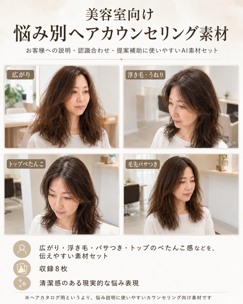 美容室向け｜髪の悩み別ヘアカウンセリングAI素材セット【広がり・浮き毛・パサつき・トップぺたんこ】