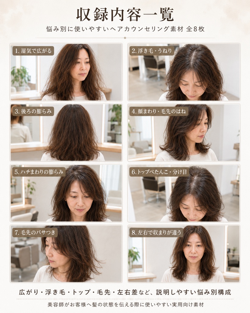 美容室向け|髪の悩み別ヘアカウンセリングAI素材セット【広がり・浮き毛・パサつき・トップぺたんこ】