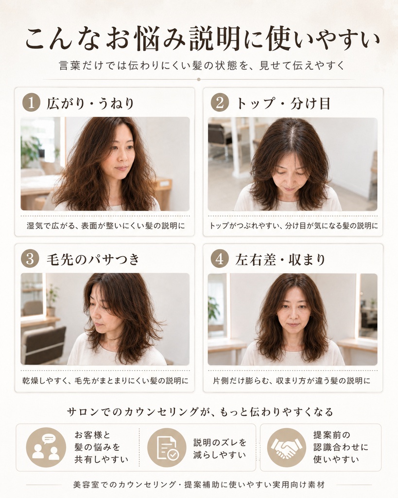 美容室向け|髪の悩み別ヘアカウンセリングAI素材セット【広がり・浮き毛・パサつき・トップぺたんこ】