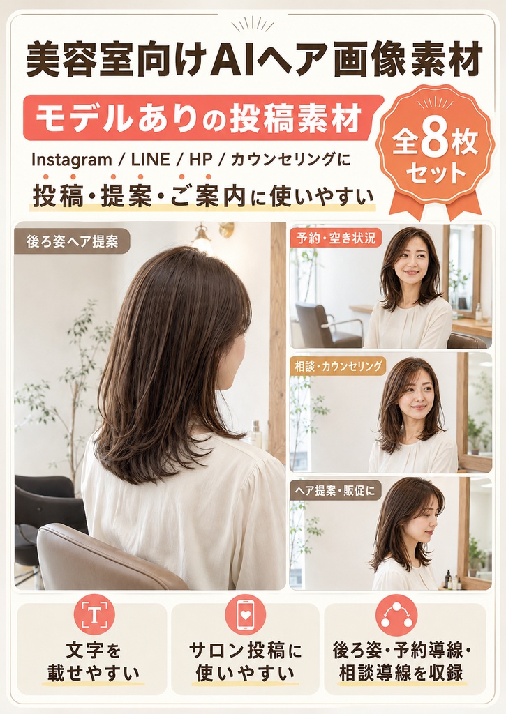 美容室向けAIヘア画像素材セット｜投稿・予約案内・カウンセリングに使える8枚