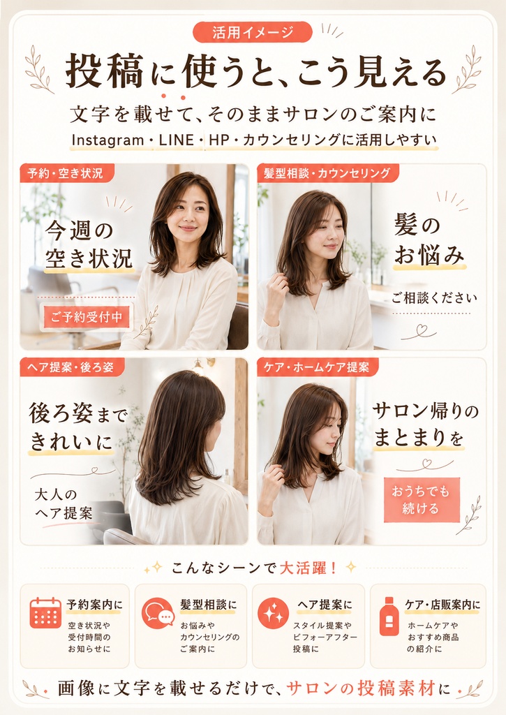 美容室向けAIヘア画像素材セット|投稿・予約案内・カウンセリングに使える8枚
