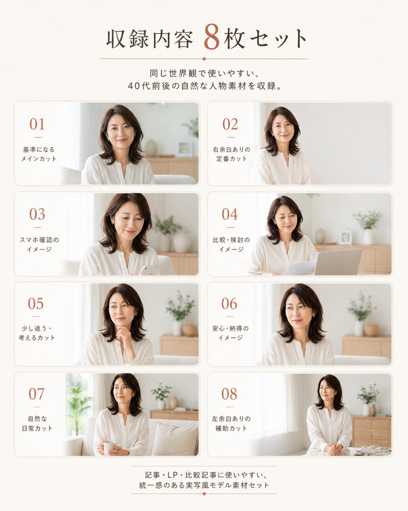 40代前後に自然に見える日本人女性モデル素材 8枚セット|ブログ・LP向けAI画像素材